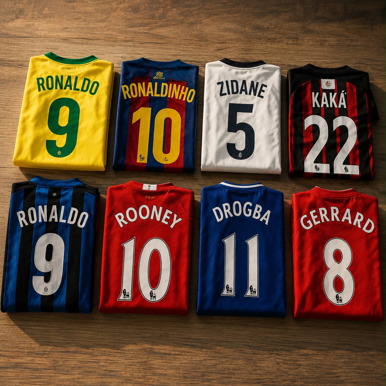 Camisas de futebol importadas da Tropical FUT dobradas sobre mesa de madeira